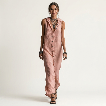 Mirabell | Robe maxi en lin sans manches à capuche et boutonnage