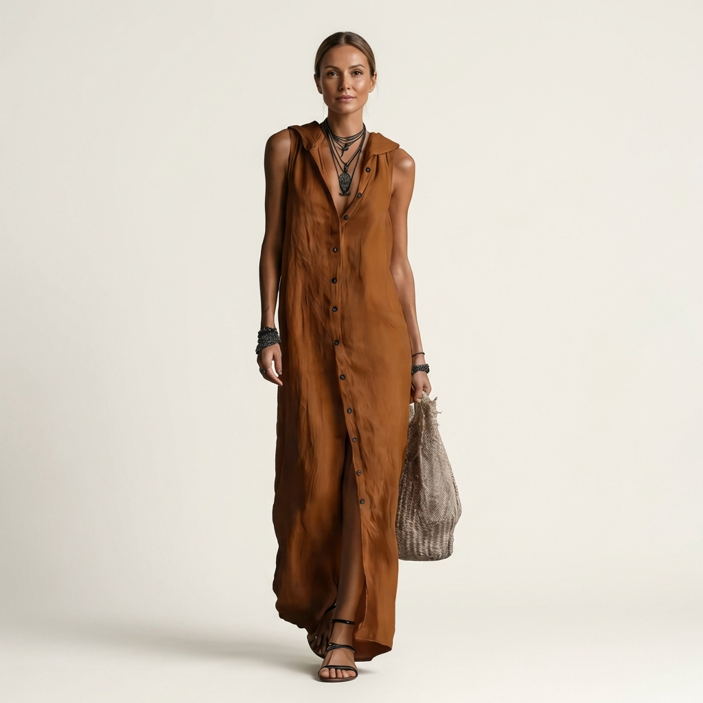 Mirabell | Robe maxi en lin sans manches à capuche et boutonnage