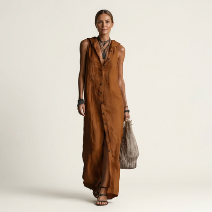 Mirabell | Robe maxi en lin sans manches à capuche et boutonnage