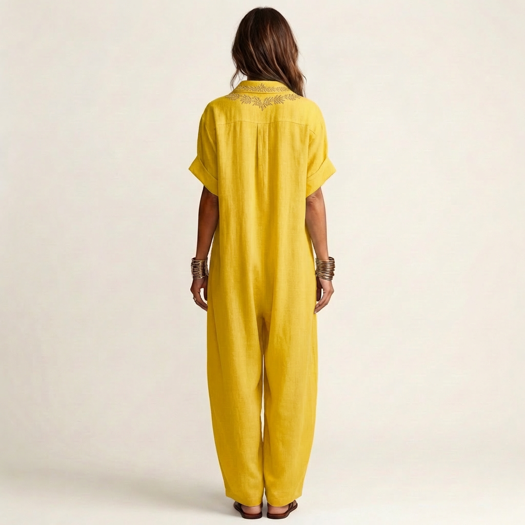 Amarina | Robe maxi en lin à col en V brodé