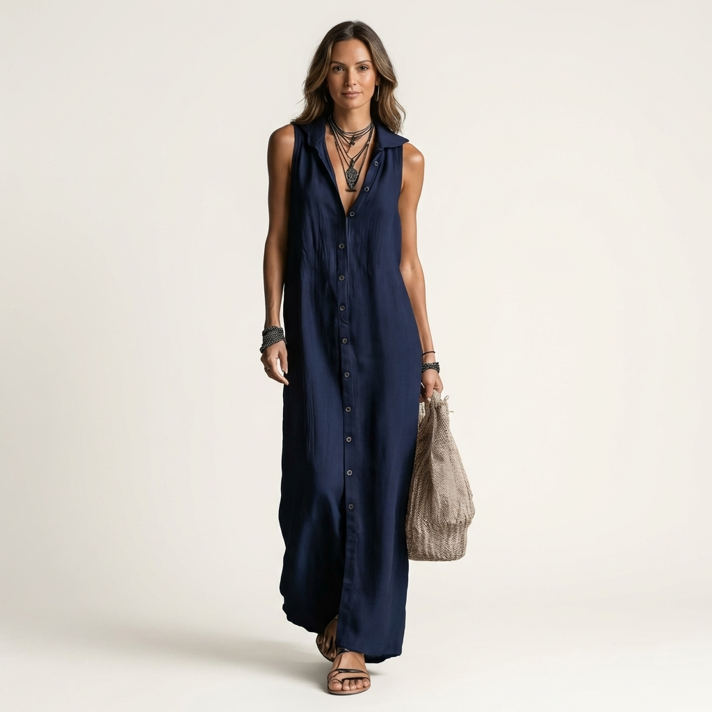 Mirabell | Robe maxi en lin sans manches à capuche et boutonnage