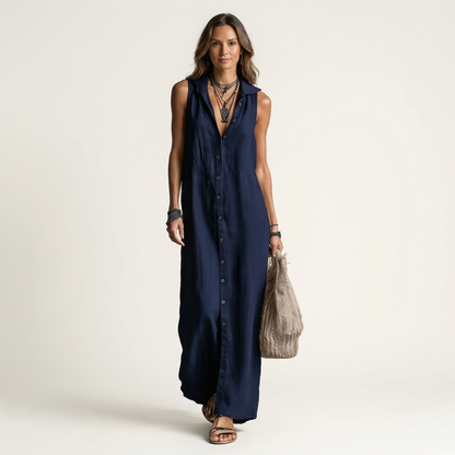 Mirabell | Robe maxi en lin sans manches à capuche et boutonnage