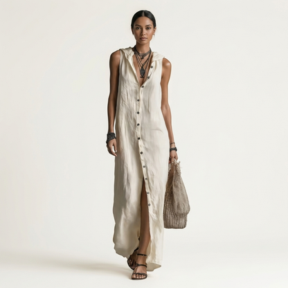 Mirabell | Robe maxi en lin sans manches à capuche et boutonnage