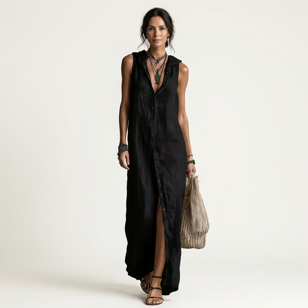 Mirabell | Robe maxi en lin sans manches à capuche et boutonnage