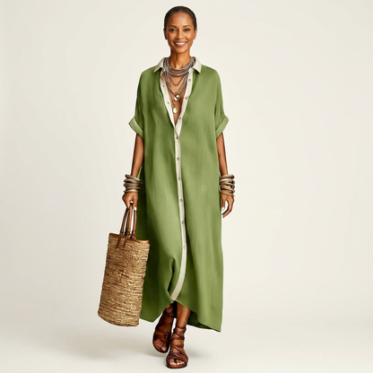 Kamira | Robe chemise maxi à col contrastant et boutonnage