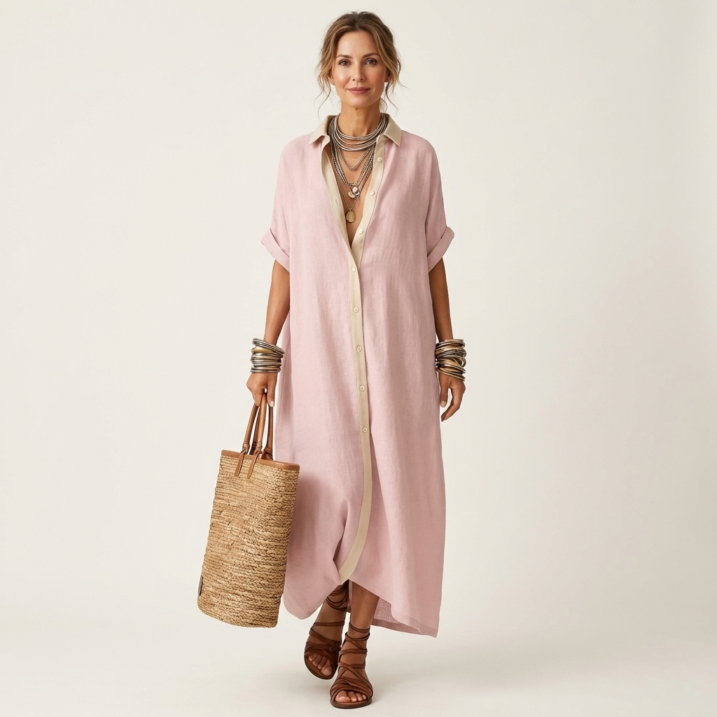 Kamira | Robe chemise maxi à col contrastant et boutonnage