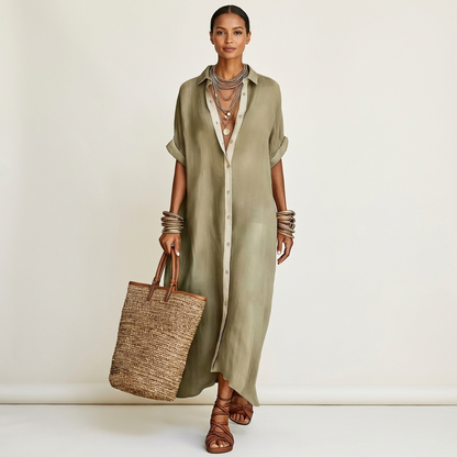 Kamira | Robe chemise maxi à col contrastant et boutonnage
