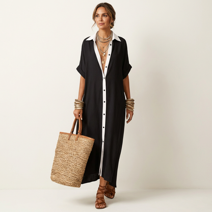 Kamira | Robe chemise maxi à col contrastant et boutonnage