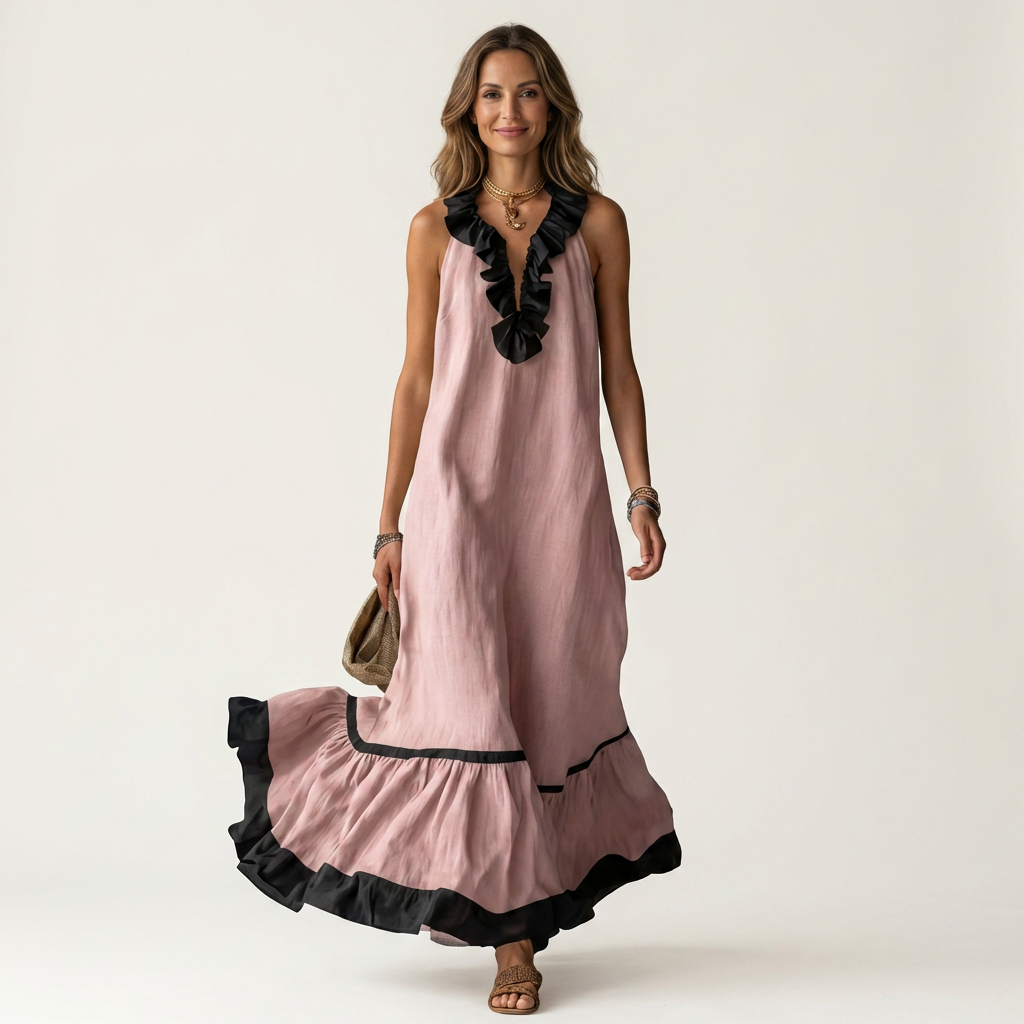 Mayline | Robe maxi sans manches à col à volants et bordure contrastante
