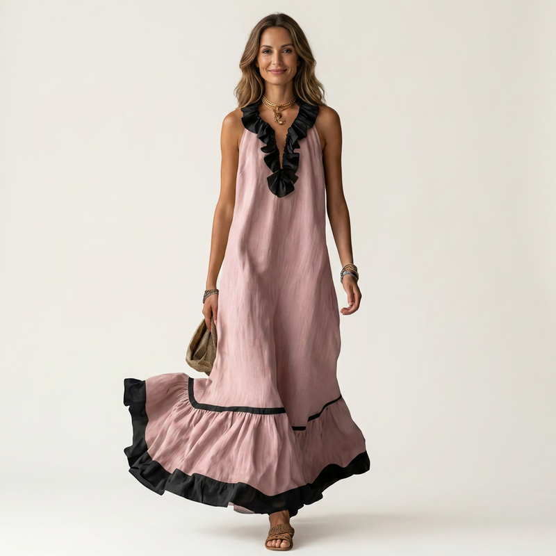 Mayline | Robe maxi sans manches à col à volants et bordure contrastante