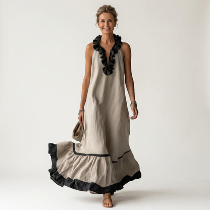 Mayline | Robe maxi sans manches à col à volants et bordure contrastante