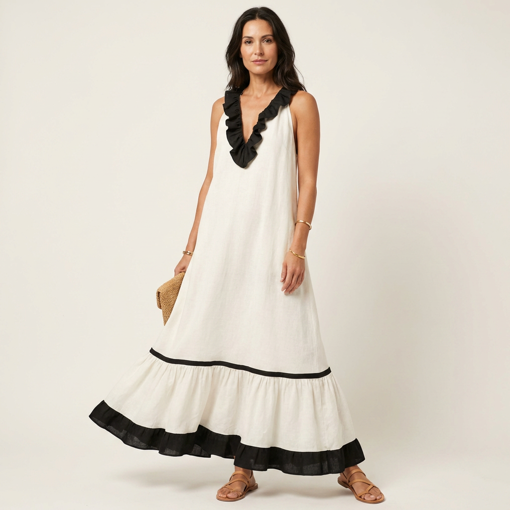 Mayline | Robe maxi sans manches à col à volants et bordure contrastante