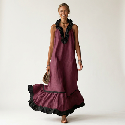 Mayline | Robe maxi sans manches à col à volants et bordure contrastante