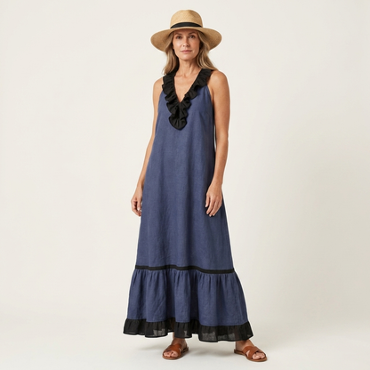 Mayline | Robe maxi sans manches à col à volants et bordure contrastante