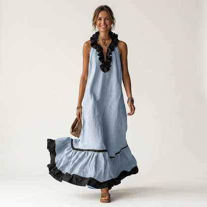 Mayline | Robe maxi sans manches à col à volants et bordure contrastante
