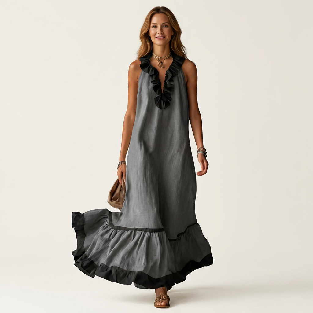 Mayline | Robe maxi sans manches à col à volants et bordure contrastante