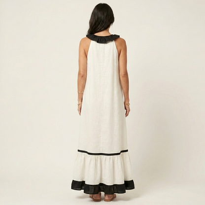 Mayline | Robe maxi sans manches à col à volants et bordure contrastante