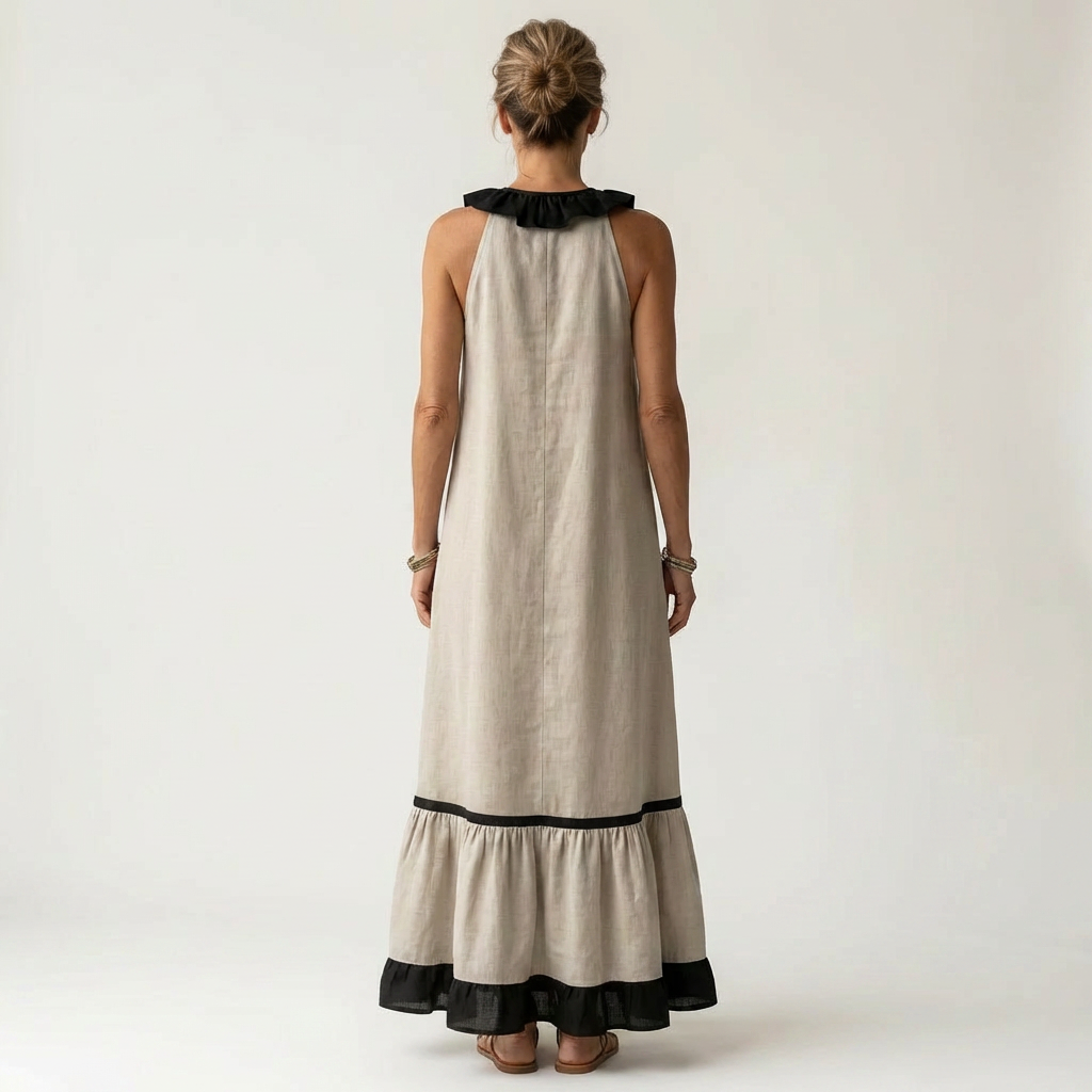 Mayline | Robe maxi sans manches à col à volants et bordure contrastante
