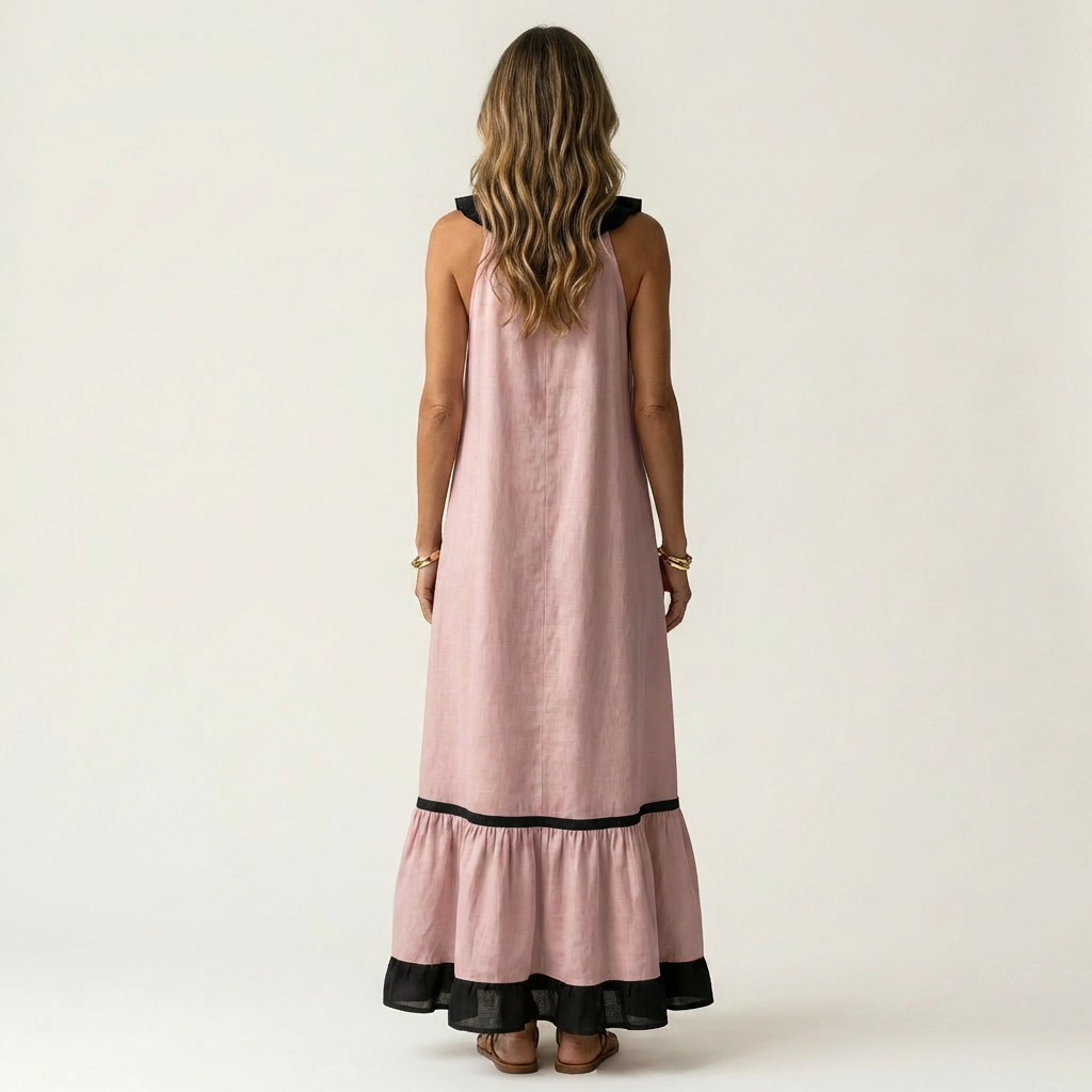 Mayline | Robe maxi sans manches à col à volants et bordure contrastante