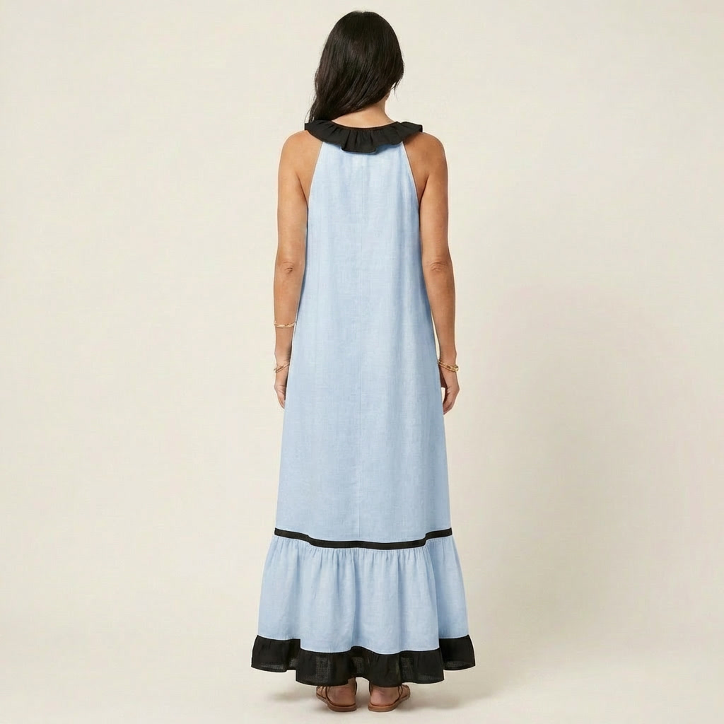 Mayline | Robe maxi sans manches à col à volants et bordure contrastante