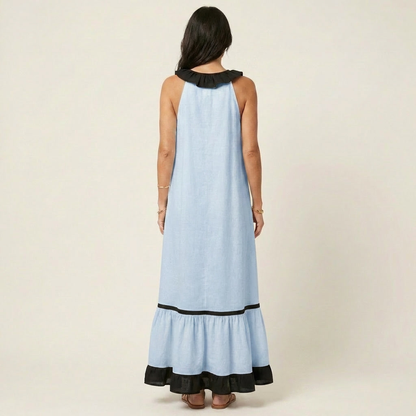Mayline | Robe maxi sans manches à col à volants et bordure contrastante