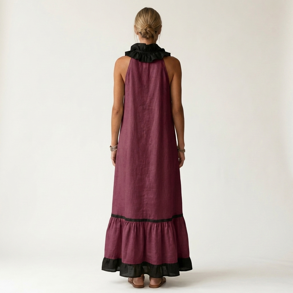 Mayline | Robe maxi sans manches à col à volants et bordure contrastante