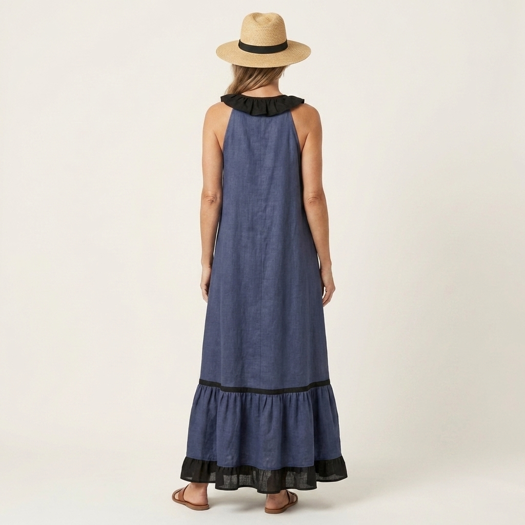 Mayline | Robe maxi sans manches à col à volants et bordure contrastante