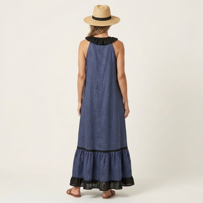 Mayline | Robe maxi sans manches à col à volants et bordure contrastante