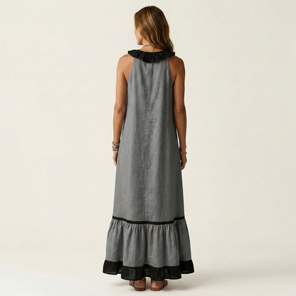 Mayline | Robe maxi sans manches à col à volants et bordure contrastante
