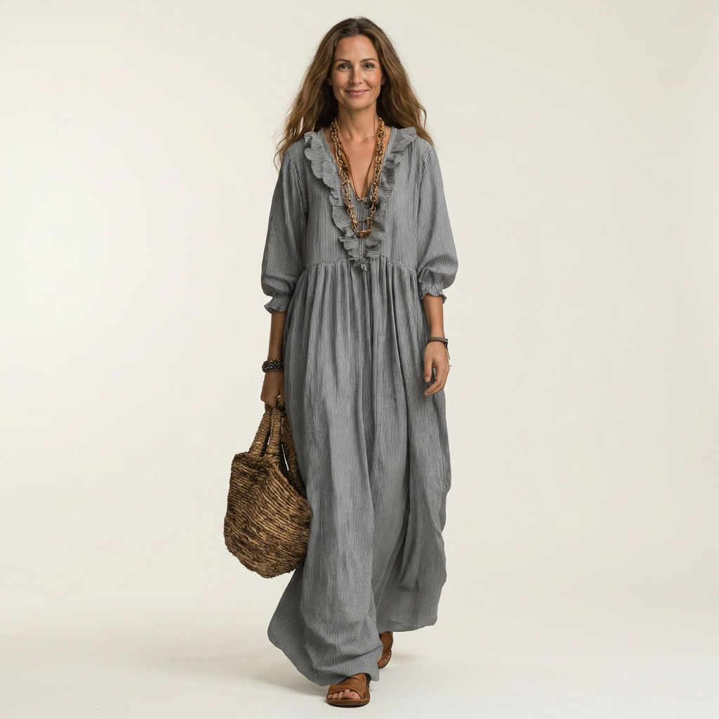Yosetta | Robe maxi rayée à col en V à volants et manches lanterne