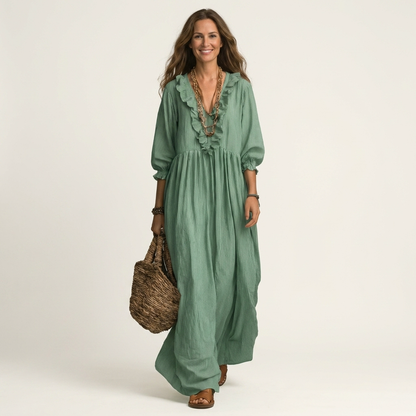 Yosetta | Robe maxi rayée à col en V à volants et manches lanterne