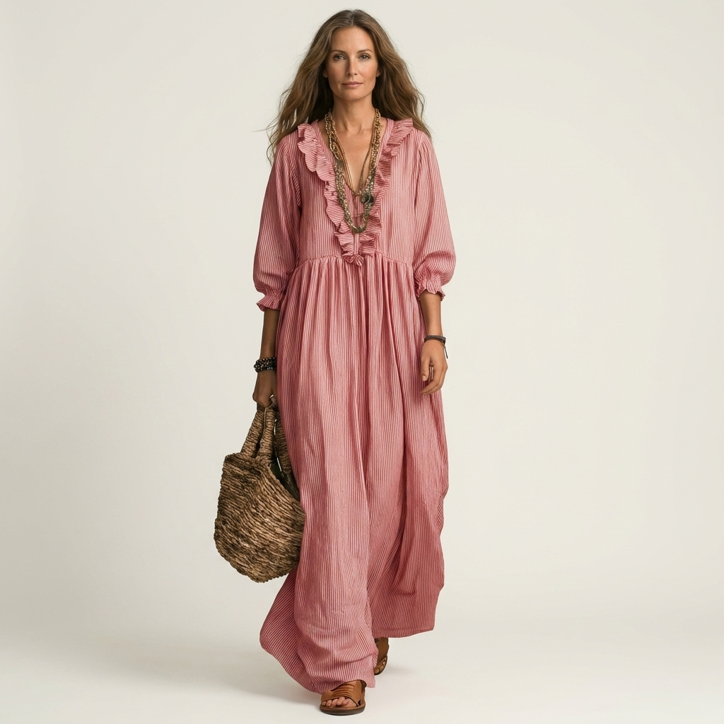 Yosetta | Robe maxi rayée à col en V à volants et manches lanterne