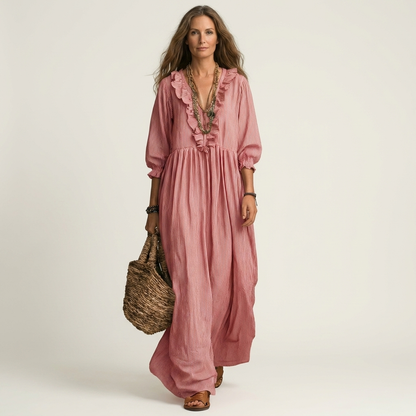 Yosetta | Robe maxi rayée à col en V à volants et manches lanterne