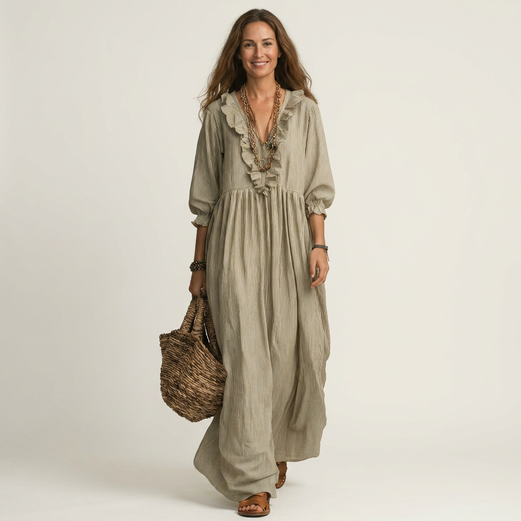 Yosetta | Robe maxi rayée à col en V à volants et manches lanterne