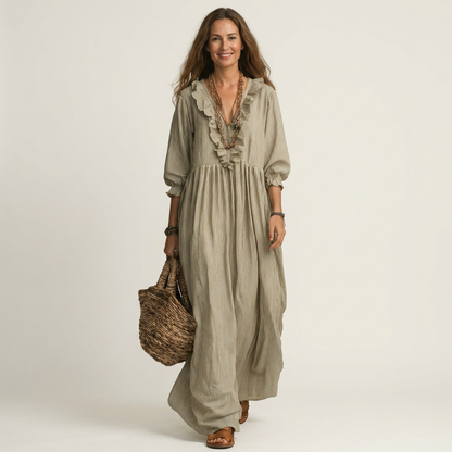 Yosetta | Robe maxi rayée à col en V à volants et manches lanterne