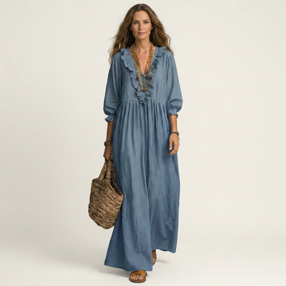 Yosetta | Robe maxi rayée à col en V à volants et manches lanterne