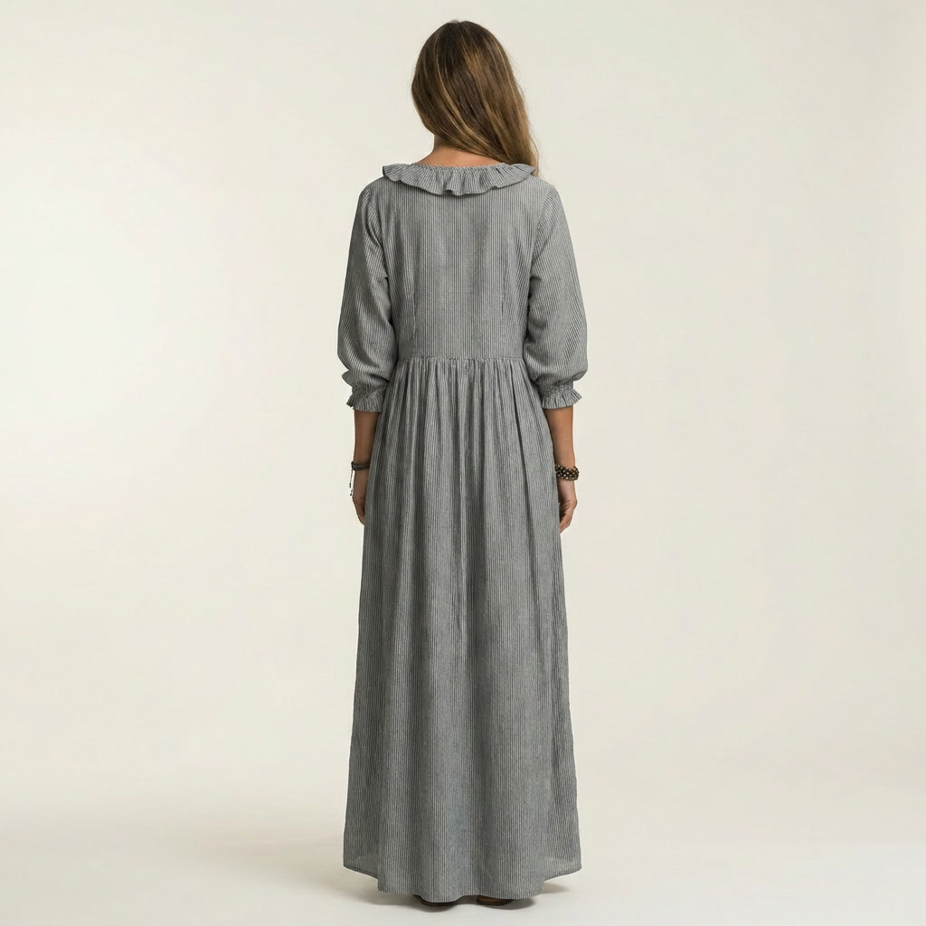 Yosetta | Robe maxi rayée à col en V à volants et manches lanterne