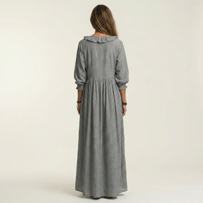 Yosetta | Robe maxi rayée à col en V à volants et manches lanterne