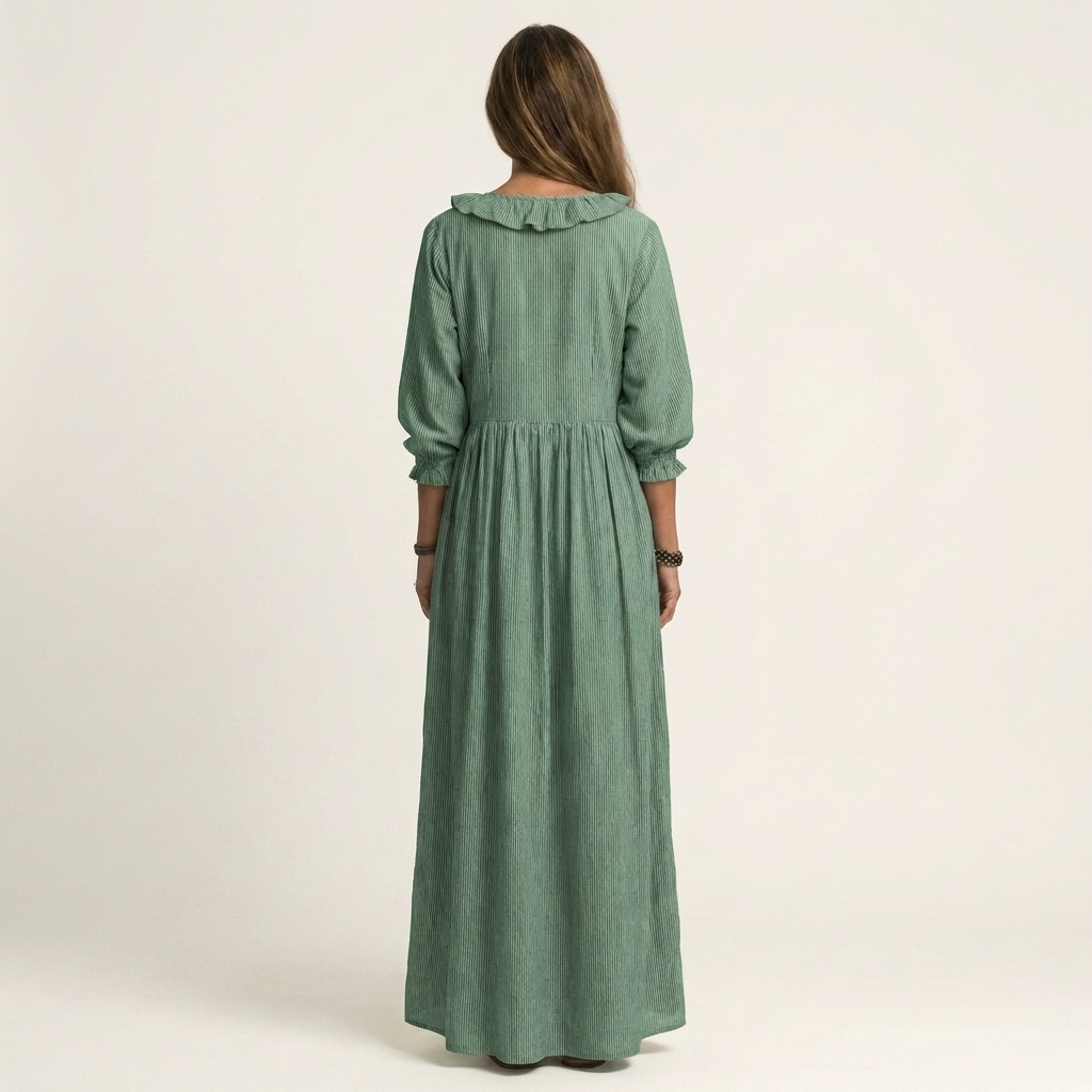 Yosetta | Robe maxi rayée à col en V à volants et manches lanterne
