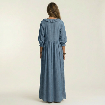 Yosetta | Robe maxi rayée à col en V à volants et manches lanterne