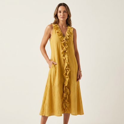 Vicky | Robe maxi en lin sans manches à col en V et volant frontal