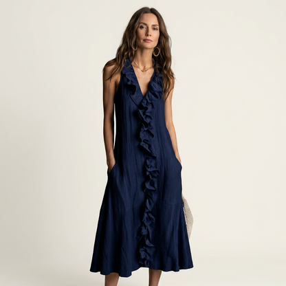 Vicky | Robe maxi en lin sans manches à col en V et volant frontal