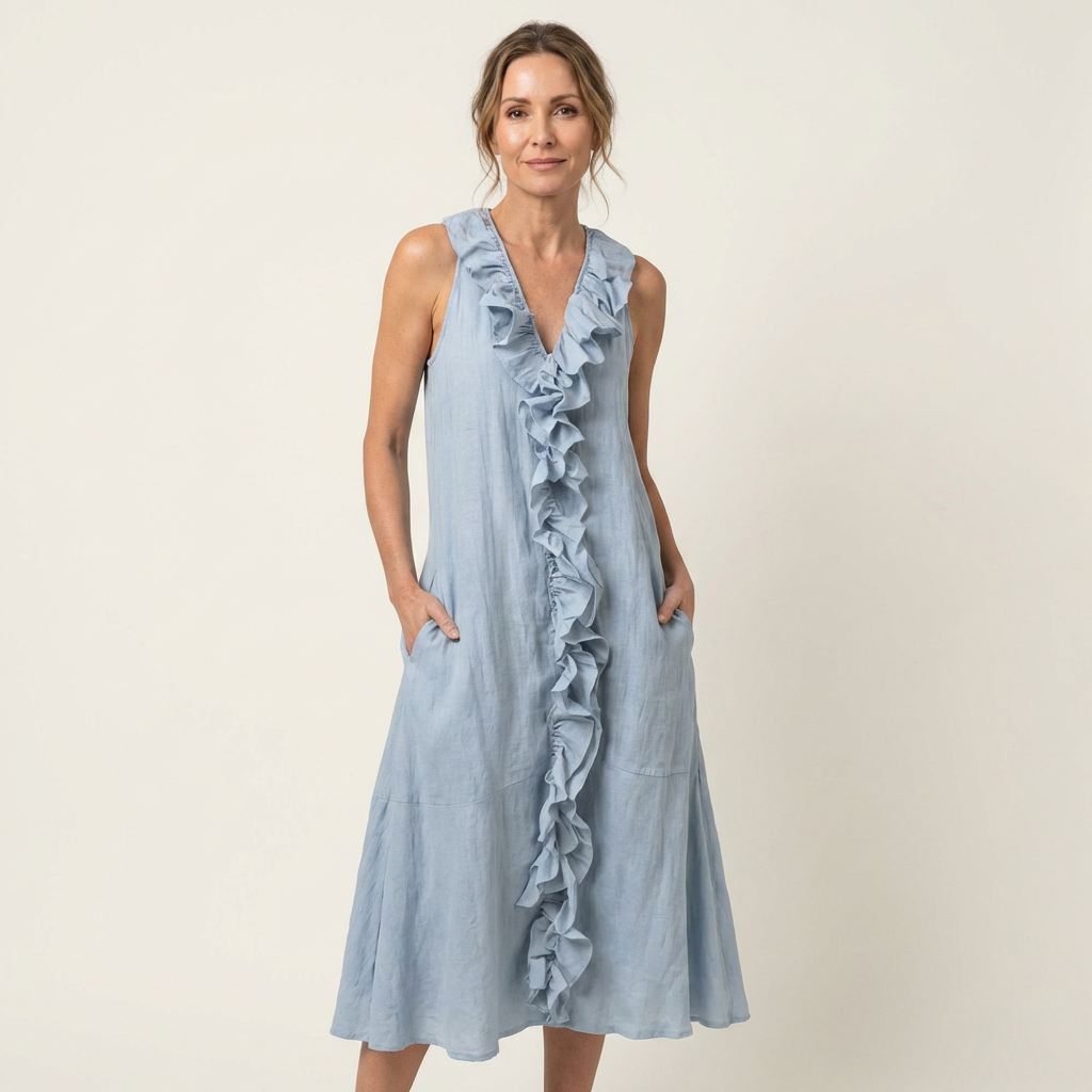 Vicky | Robe maxi en lin sans manches à col en V et volant frontal