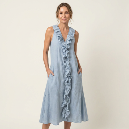 Vicky | Robe maxi en lin sans manches à col en V et volant frontal
