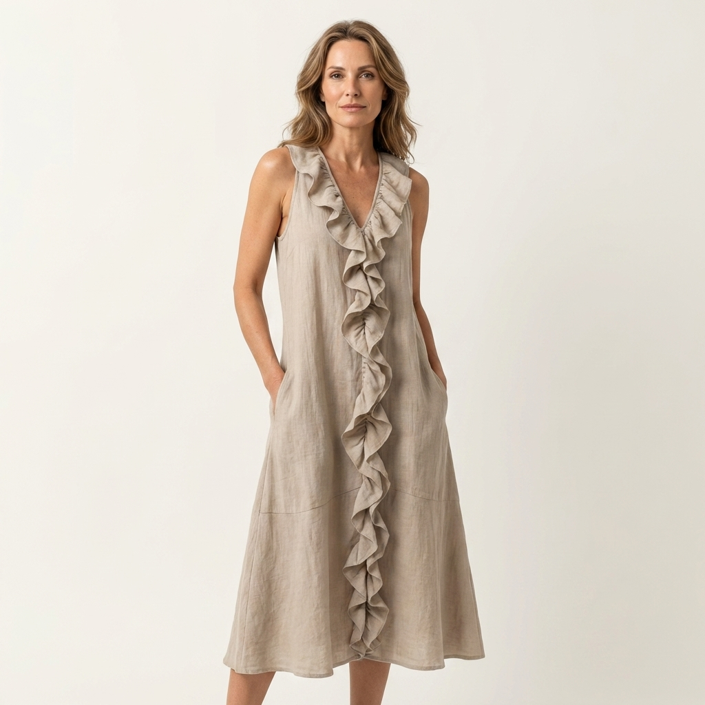 Vicky | Robe maxi en lin sans manches à col en V et volant frontal