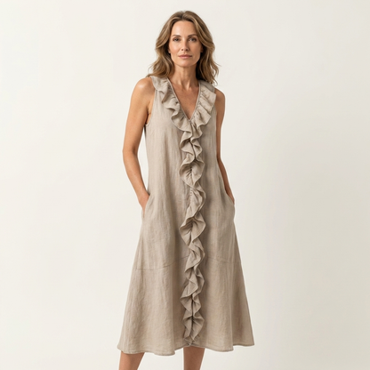Vicky | Robe maxi en lin sans manches à col en V et volant frontal