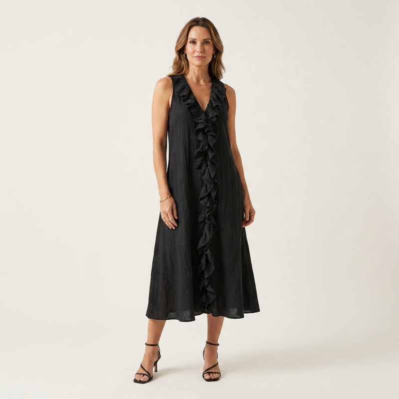 Vicky | Robe maxi en lin sans manches à col en V et volant frontal