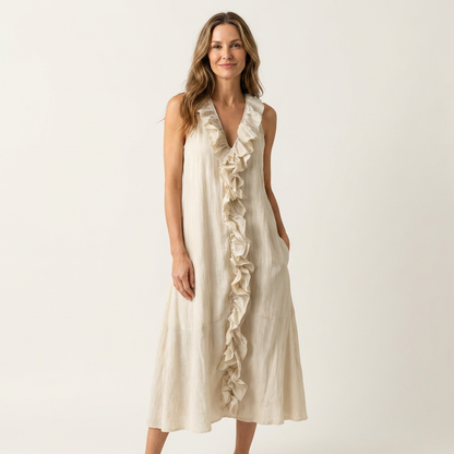 Vicky | Robe maxi en lin sans manches à col en V et volant frontal