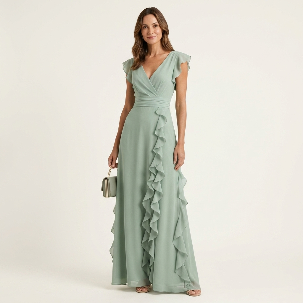 Nellyana | Robe maxi à col en V croisé, manches à volants et cascade de volants