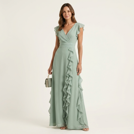 Nellyana | Robe maxi à col en V croisé, manches à volants et cascade de volants